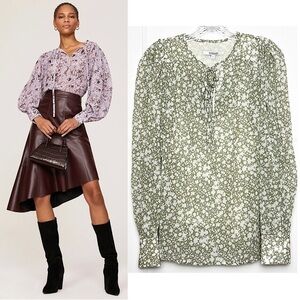 NWT DEREK LAM Floral Crinkle Chiffon V-Neck Pearl Tie Long Sleeve Sheer Blouse 4